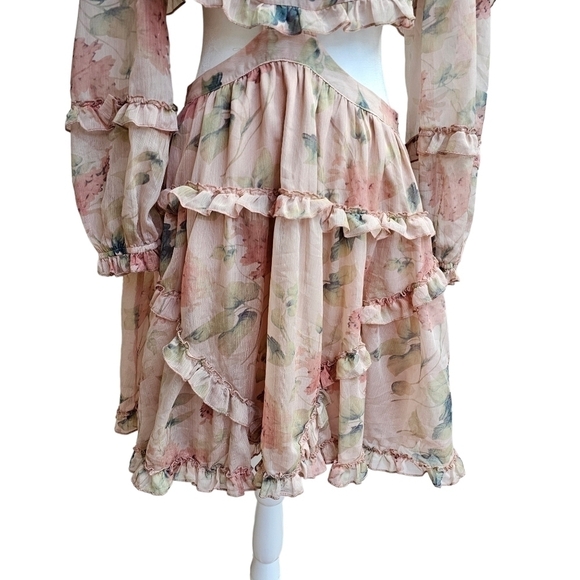 Ruffle Trim Lace-up back Floral Print Deep V-neck Waist Cutout, Size Medium - Picture 6 of 11